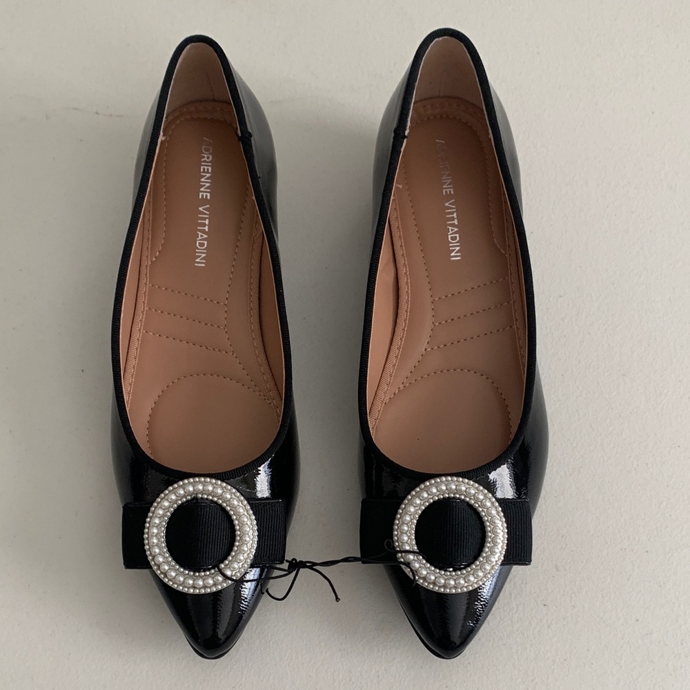 Adrienne Vittadini Black Patent Pointed Toe Flats with Pearl-Trim Buckle